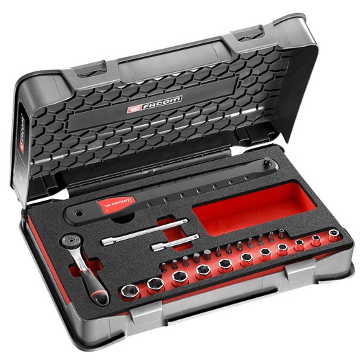 Facom AXS_SJ1 tool set with ratchet, sockets, bits in a black and red hard case, top view.