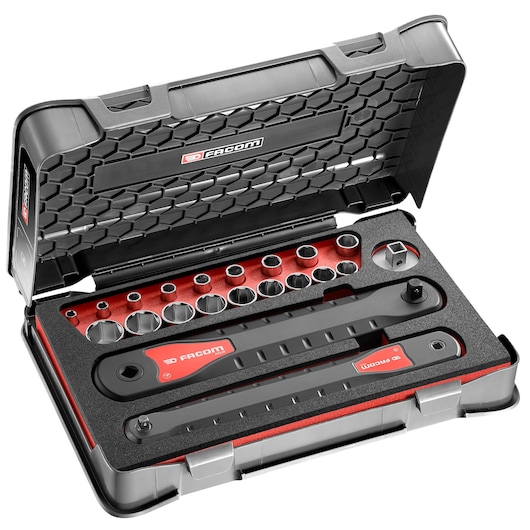 Facom AXS_SMJ1 socket and ratchet set in black and red hard case, angled view on white background.