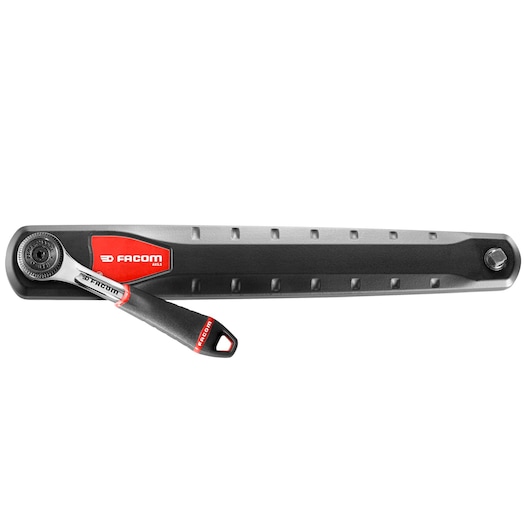 Facom AXS.SPB ratchet spanner with ergonomic handle, black and red, shown top view on white background.