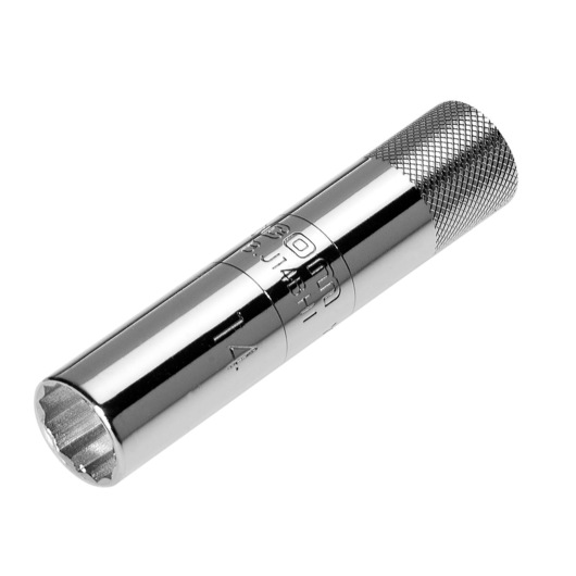 Facom BJ14BH1 chrome spark plug socket with knurled grip, side angle on white background.