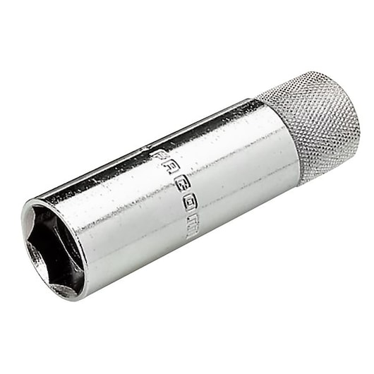 Facom BJ18A1 chrome hex socket tool, side angle, knurled grip, white background.