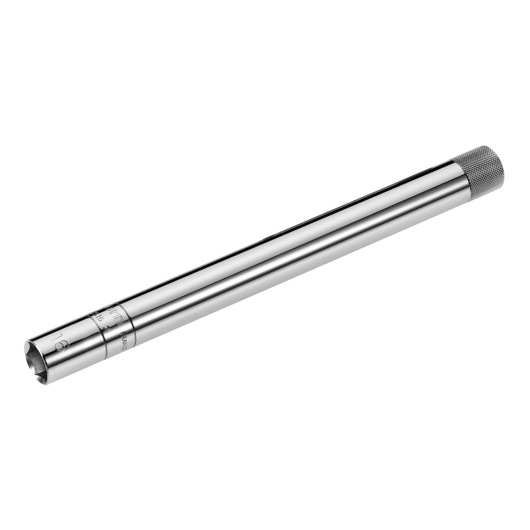 Facom B_S16A2 chrome tubular socket tool, side angle, knurled grip end, photography on white background.