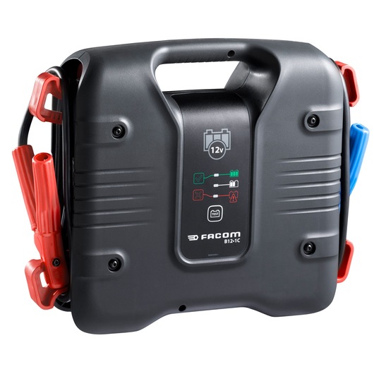 Facom B12.1CPB portable 12V battery booster with red and blue clamps, front angle, photography.