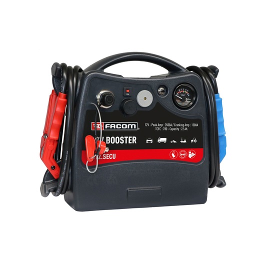 Facom B12_SECU black and red portable 12V booster with voltmeter, clamps, and cables, front angle on white.