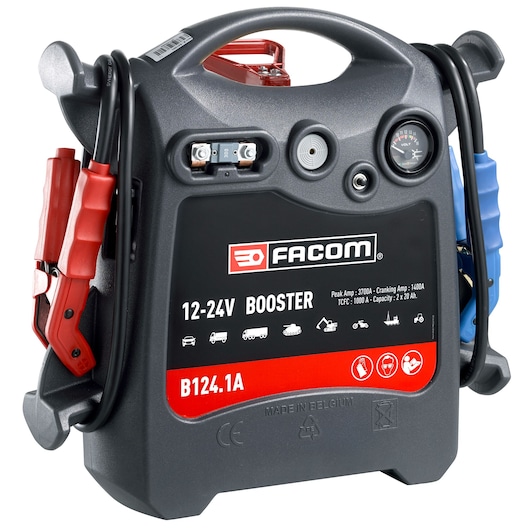 Facom B124_1A portable booster with 12-24V, red and black clamps, front angle, automotive tool.