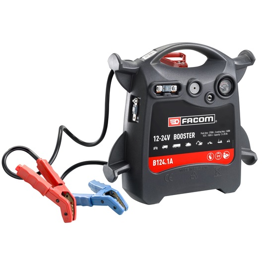 Facom B124.1A booster pack with 12-24V output and red, blue clamps, front angle on white background.