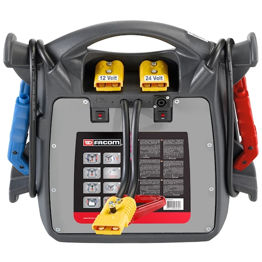 Facom portable jump starter B124_1A with dual voltage 12V and 24V connectors, front view on white background.