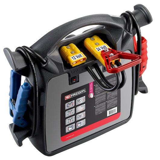 Facom jump starter 12V/24V with cables and clamps, angled view, SKU B124_1A