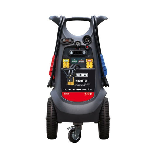 Facom B124HD portable battery booster, front angle, black casing, labeled controls, wheels.