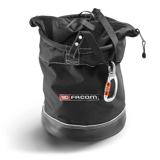 Facom BAG-CLIMBSLS black climbing bag with carabiner, standing upright, front view on white background