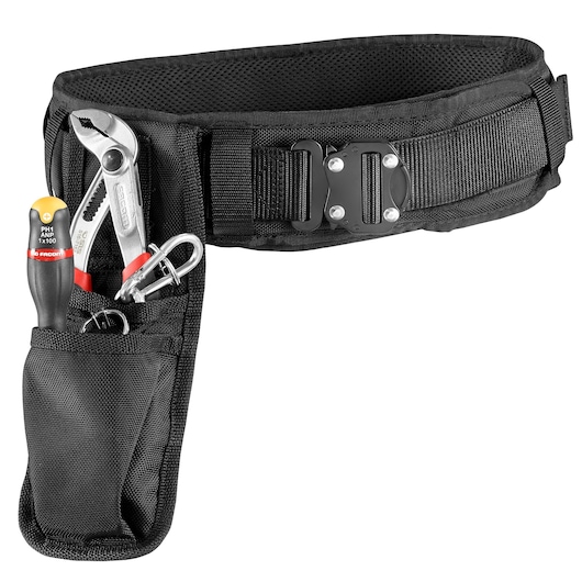 Facom BAG-RECT2SLS black tool belt with pockets and buckle, holding pliers, screwdriver, and clip, front view.