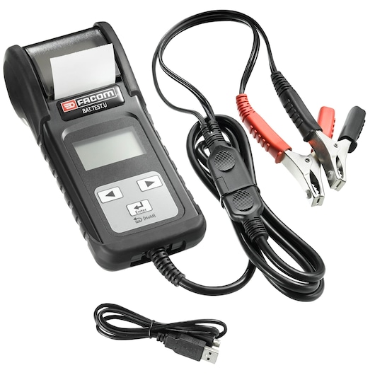 Facom BAT_TESTU battery tester with printout, display screen, cables, and USB cord, front angle.
