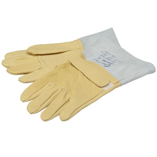 Facom BC_109VSE yellow leather work gloves with grey cuffs, product photography, top angle.