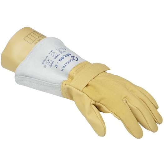 Facom BC_109VSE yellow and grey leather safety glove, long cuff, right side angle, on mannequin hand.