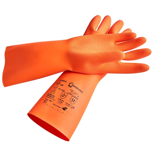 Facom BC.10CVE orange rubber safety gloves with printed safety markings, product photography on white background.