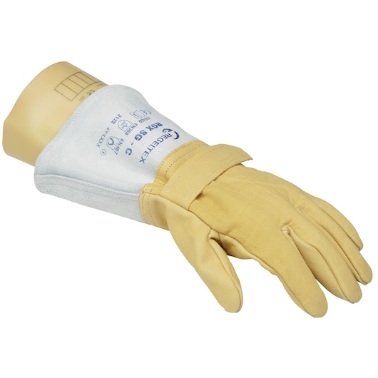 Facom BC_110VSE protective leather glove, light tan with long white cuff, side angle on white background.
