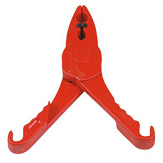 Facom BC25VSE red hose clamp pliers, angled view, plastic body, serrated jaws, white background.