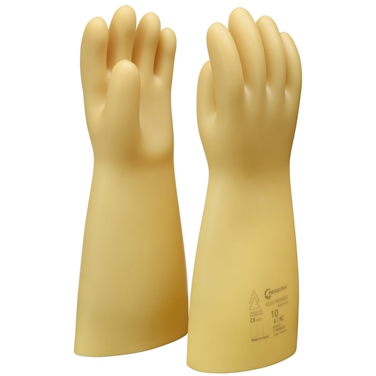 Facom BC_90VSE yellow electrical insulating gloves, front and back view on white background.