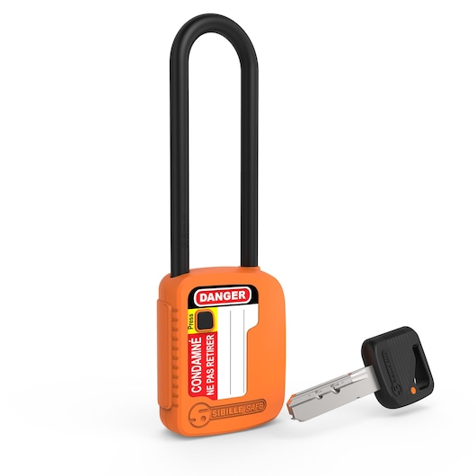 Facom BC.CADVE safety padlock with orange body and black shackle, shown with matching key, front angle.