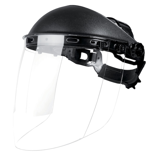 Facom BC.EPVE clear face shield with black adjustable headgear, side angle on white background.