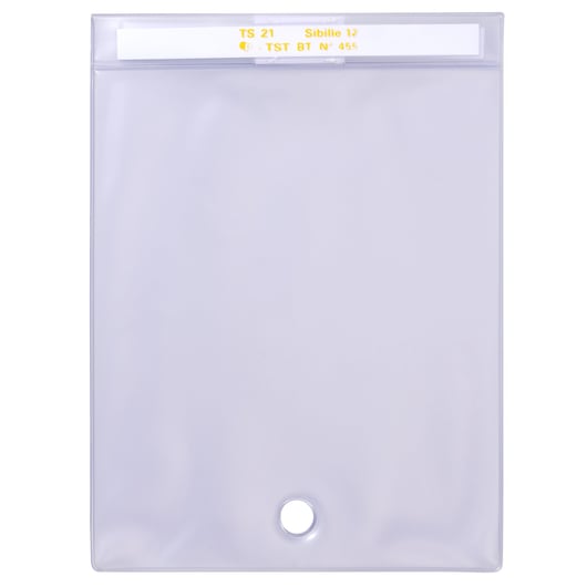 Facom transparent plastic document pouch BC.SACVE, top view, with label slot and round hole at bottom.
