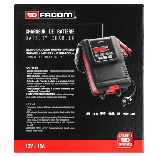Facom BC1215PB battery charger box, black with red accents, showing the charger, cable clamps, and product features.