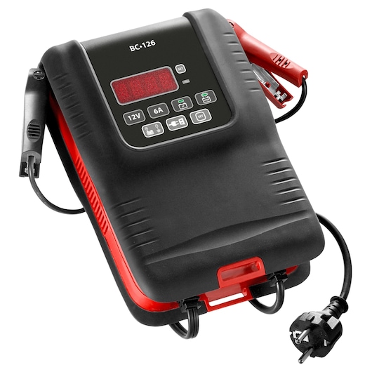 Facom BC126PB battery charger with black and red housing, digital display, and attached power cords, front angle.