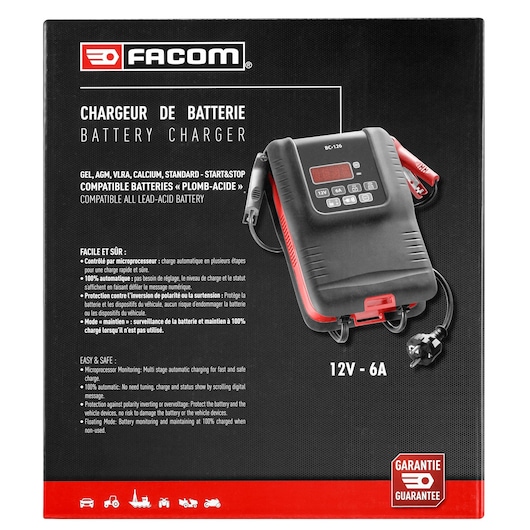 Facom BC126PB battery charger box, black with red details, shows charger unit, cables and clear product features, front angle.
