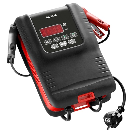 Facom BC2410PB battery charger, black and red, angled view on white background.