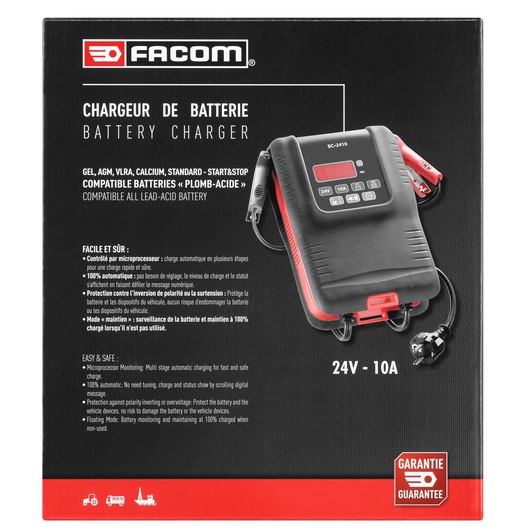 Photo of Facom BC2410PB battery charger packaging with image of charger, description, and 24V 10A rating on front, front angle.