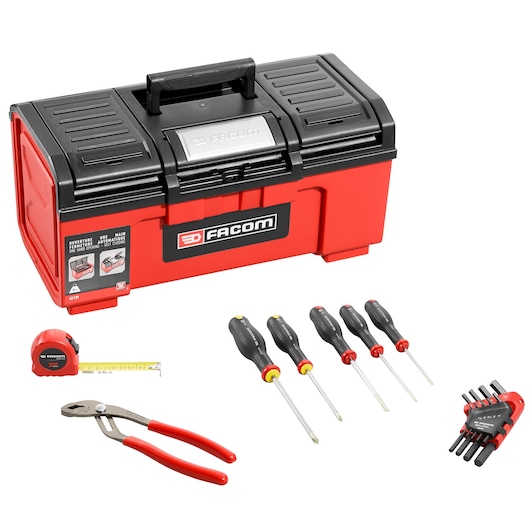 Facom BP_C19NCM1PB red and black toolbox with tape measure, pliers, four screwdrivers, and hex key set, front angle.