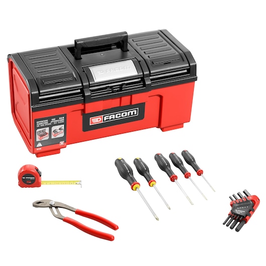 A red and black Facom toolbox with a handle, displayed alongside a tape measure, a pair of pliers, four screwdrivers, and a set of hex keys.
