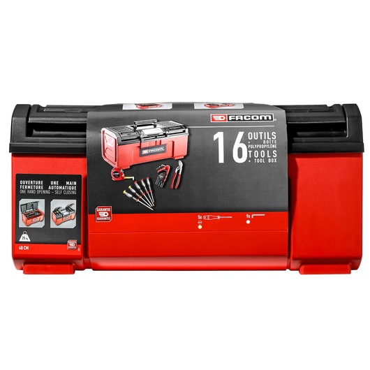 Facom red and black polypropylene tool box BP_C19NCM1PB, front angle, 16 tools, one hand opening feature.