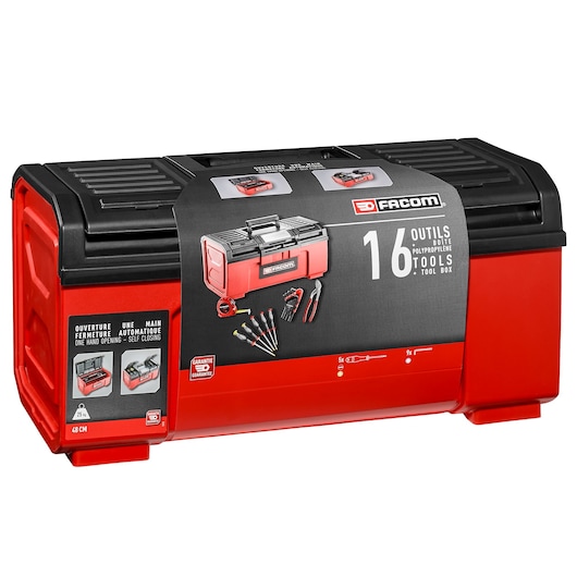 Facom BP_C19NCM1PB tool box with black lid and red body, 16-piece set, front angle on white background.