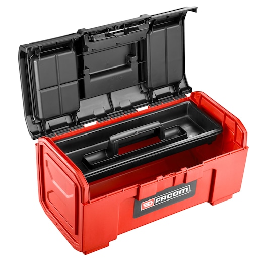 Photo of Facom BP.C19NPB red plastic toolbox with open lid and removable black tray, front angle view.
