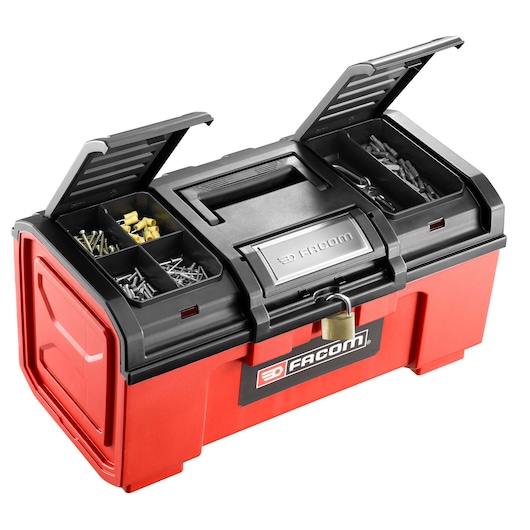 Facom BP.C19NPB red and black tool box with compartments and padlock, front angle photo.