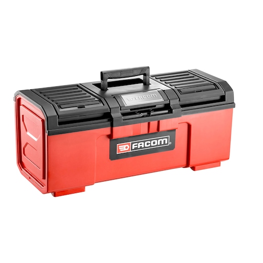 Facom BP.C24NPB red and black plastic toolbox, front angle, with handle and branded logo.