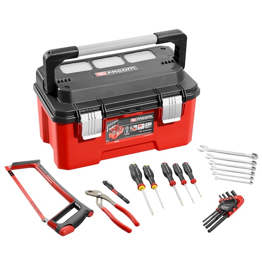 A Facom tool set for photography, including a red and black toolbox with a handle, a hacksaw, pliers, four screwdrivers, a precision screwdriver, a set of hex keys, and six combination wrenches.