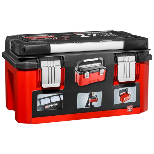 Photo of Facom BP_P20ACM1PB red and black toolbox with metal latches, front angle on white background.