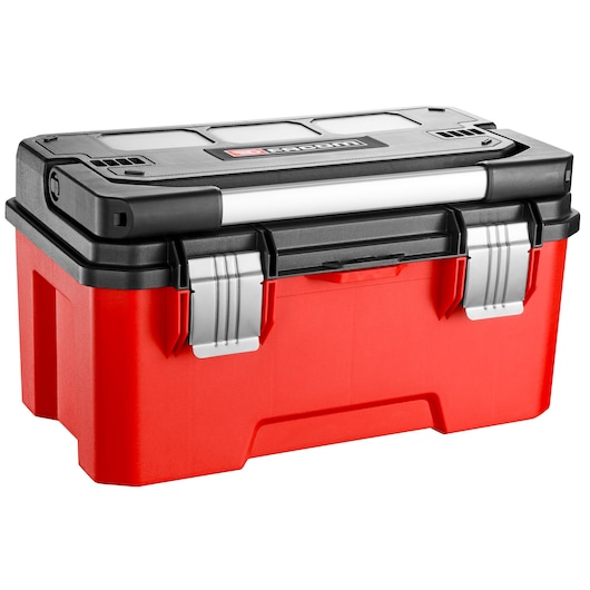 Facom BP.P20APB red and black toolbox with metal latches, angled front view, white background.