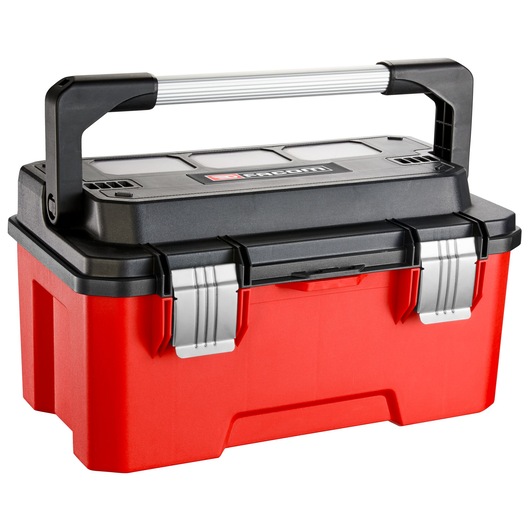 Facom BP.P20APB red and black toolbox with large silver latches and sturdy carrying handle, front angle photo.