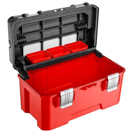 Facom BP.P20APB red toolbox with open lid, three internal storage bins, and silver metal clasps, front angle.