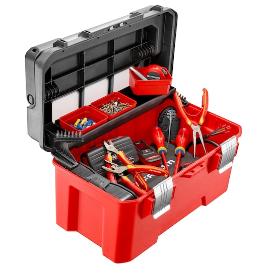 Facom BP.P20APB red plastic toolbox with assorted hand tools and hardware, open top view on white background.