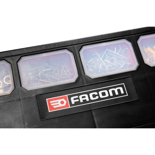 Facom organizer BP.P20APB top view with clear compartments holding assorted fasteners.