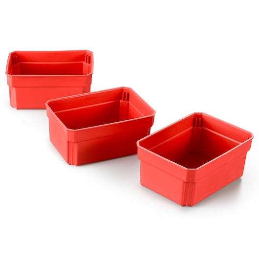 Photo of three Facom BP.P20APB red plastic storage bins, rectangular shape, angled view on white background.