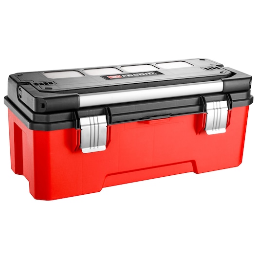 Facom BP.P26APB red and black plastic toolbox with metal latches, front angle on white background.