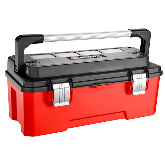 Facom BP.P26APB red and black toolbox with metal latches and large handle, front angle on white background.