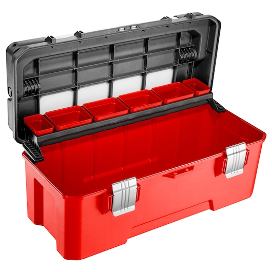 Facom BP.P26APB red plastic toolbox with open lid, internal bins, and two metal latches, front angle.