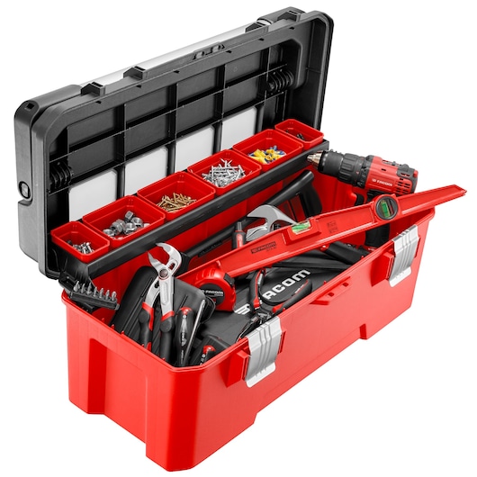 Facom BP.P26APB red toolbox filled with assorted hand tools and fasteners, photographed from front angle.