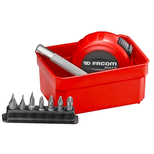 Facom BP.P26APB red storage box with tape measure, punch tool, and precision screwdriver bits, front angle.